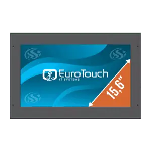 Ecran industriel vu de face, fond d'écran bleu avec logo EuroTouch blanc, diagonale et flèches blanches indiquant la taille 15,6"