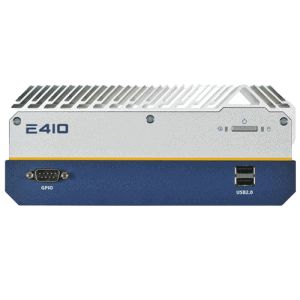 Photo du mini PC E410 vu face avant, bouton on/of et connections. Boitier métal avec base bleue.