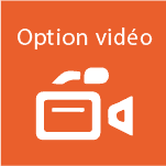 Carré orange avec icône blanc d'une caméra indiquant l'option vidéo.