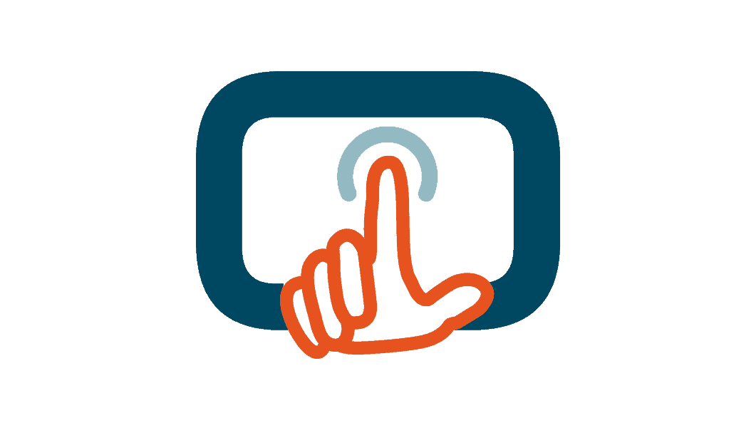 Icone notion tactile du logo EuroTouch, une main orange doit pointant sur un écran au contour bleu, une sorte d'onde bleue ciel indique qu'il est tactile.