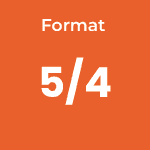 Bloc orange avec écriture blanche indiquant le format de l'écran en 5/4. Le 5/4 est écrit en très gros caractère.