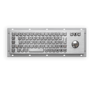 Clavier 64 touches en acier inoxydable vu de dessus. Base avec perforations pour fixation. Trackball