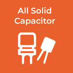 Bloc carré orange avec texte blanc et illustration de composants pour indiquer l'option all solid capacitor.