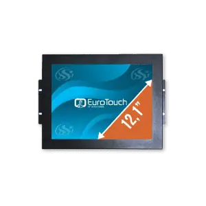 Photo d'un écran industriel vu de face, fond d'écran bleu avec logo blanc EuroTouch avec diagonale indiquant la taille 12,1"