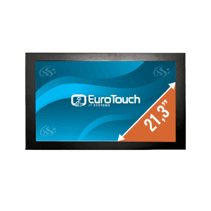 Photo d'un écran industriel vu de face, fond d'écran bleu avec logo blanc EuroTouch avec diagonale indiquant la taille 21.3"