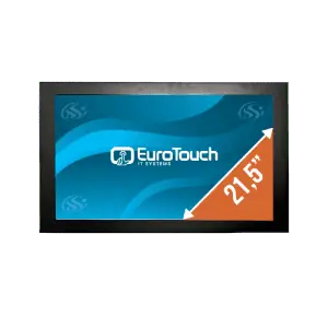 Photo d'un écran industriel vu de face, fond d'écran bleu avec logo blanc EuroTouch avec diagonale indiquant la taille 21.5"