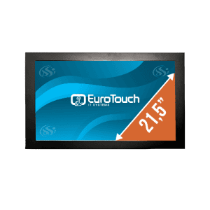 Photo d'un écran industriel vu de face, fond d'écran bleu avec logo blanc EuroTouch avec diagonale indiquant la taille 21.5"