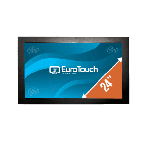 Photo d'un écran industriel vu de face, fond d'écran bleu avec logo blanc EuroTouch avec diagonale indiquant la taille 24"