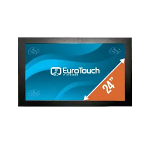 Photo d'un écran industriel vu de face, fond d'écran bleu avec logo blanc EuroTouch avec diagonale indiquant la taille 24"
