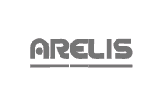 Logo entreprise ARELIS, Lettres épaisses grises en capitale, la barre centrale du A est un cercle gris. Traits gris qui soulignent le logo.
