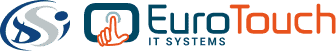 Logo DSI ovale à gauche avec lettres bleues et grises. Logo EuroTouch en couleur avec un design de main orange avec un doigt touchant un écran pour évoquer le tactile, Euro est écrit en bleu et Touch en orange. Base line texte bleu.