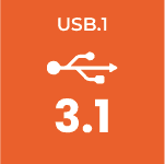Pavé carré orange avec icône blanche USB pour indiquer en texte blanc la spécificité 3.1 dans la catégorie USB.1